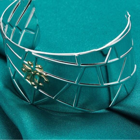 Sterling Silver Wide Bangle Gold Spider Two Tone Bangle Luxury Bracelet - Picture 5 of 12